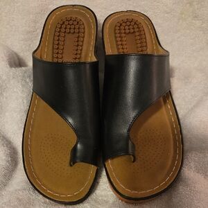 Womens Orthopedic Black Leather Slide Sandals, sz 9